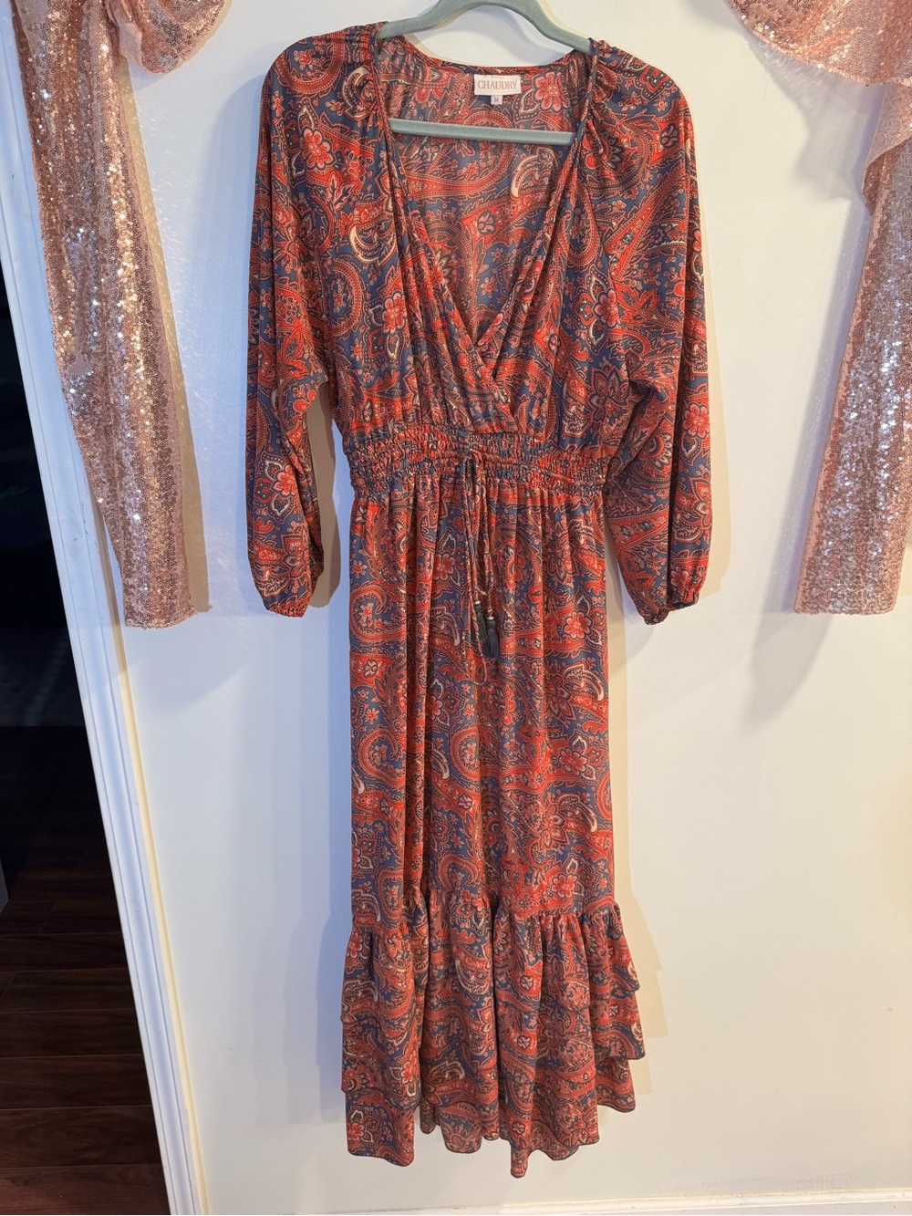 Chalet Paisley Surplice Midi Dress in Rust and Navy